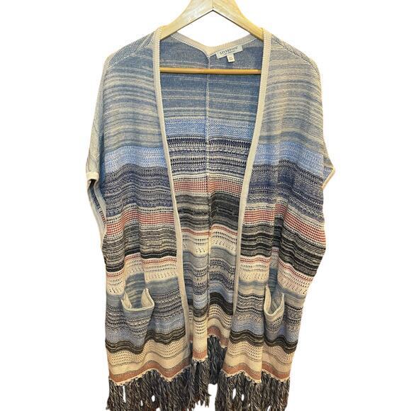 Liverpool Sleeveless Cardigan Sweater w/ Fringe Blue & Multi Color Medium, Large - Picture 2 of 12